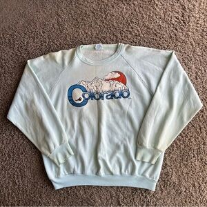 Vintage 70's Womens XL Mint Green Colorado Mountain Crew Neck Distressed Sweater